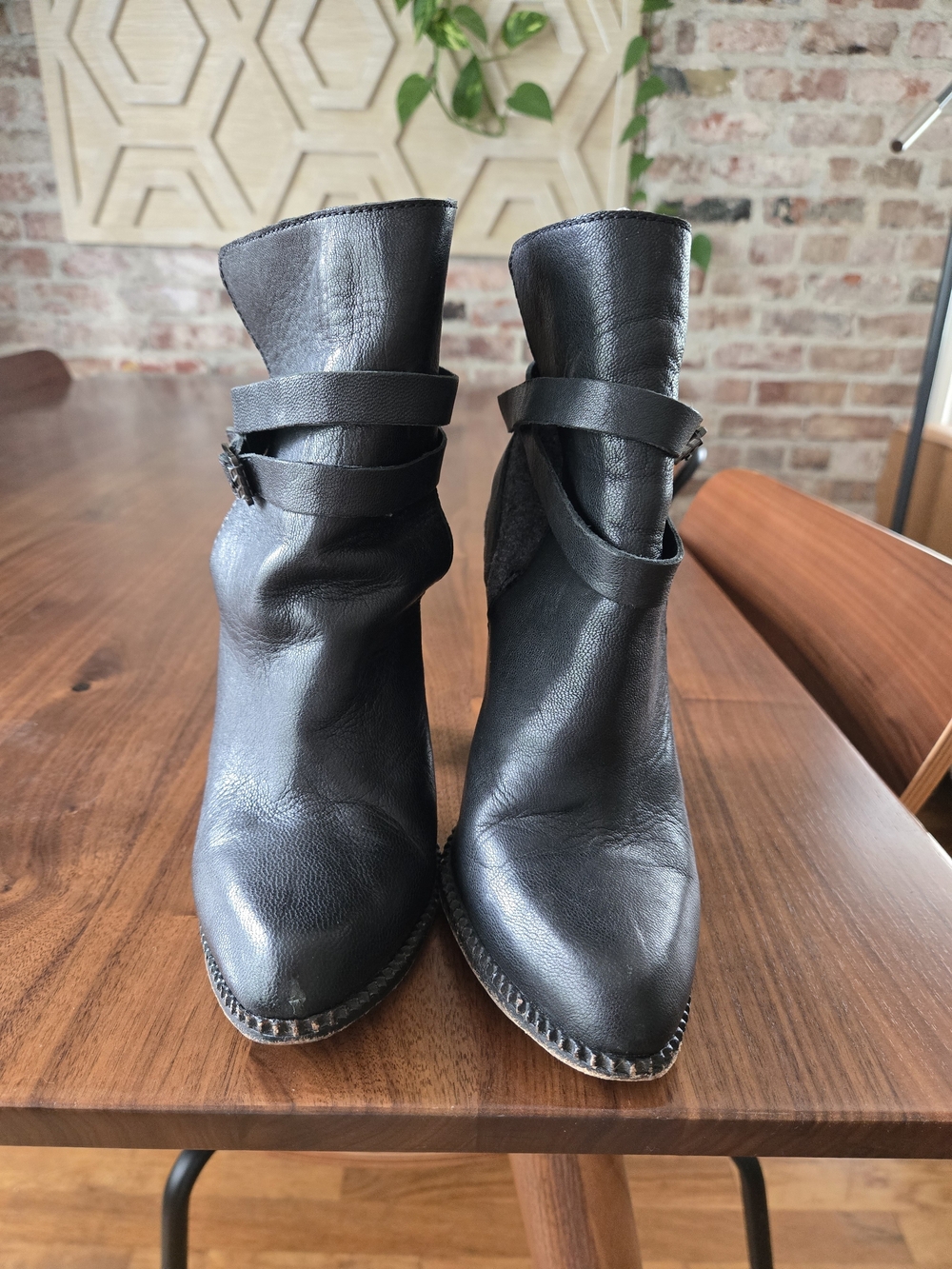Cynthia Vincent Black Pointed Leather Ankle Boots with Wrap Strap